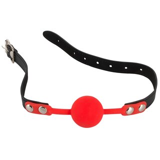 Ballknebel aus Silikon mit Lederimitatriemen - rot/schwarz 