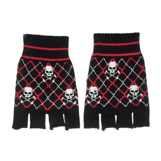 Rock Daddy - fingerlose Handschuhe - kurz  schwarz mit roten Rauten und Skull & Bones