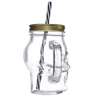 Glas - Totenkopf Trinkglas mit Metalldeckel und Strohhalm