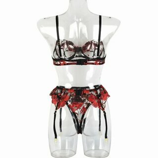 Dessous-Set  - red flower - 3-teilig