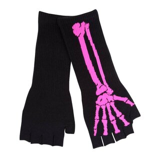 Fingerlose Handschuhe - lang schwarz mit pinker Skeletthand