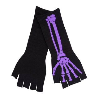 Fingerlose Handschuhe - lang schwarz mit pinker Skeletthand