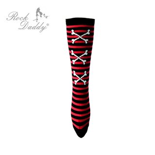 Rock Daddy - Kniestrümpfe mit Motiv schwarz/ rot gestreift mit weissen gekreuzten Knochen