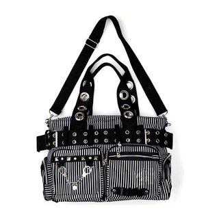 Jawbreaker - große Tasche mit Lochnieten und Handschellen - Pinstripe schwarz/weiss