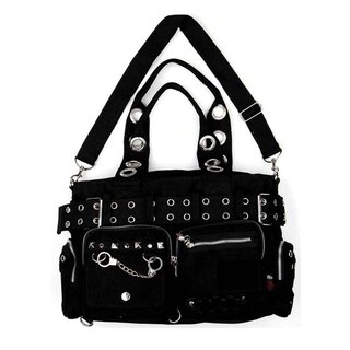Jawbreaker - große Tasche mit Lochnieten und Handschellen - Pinstripe schwarz/weiss